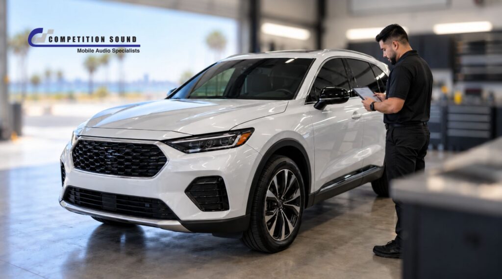 Technician inspecting a white SUV and preparing a vehicle-specific window tint quote in a professional tint shop