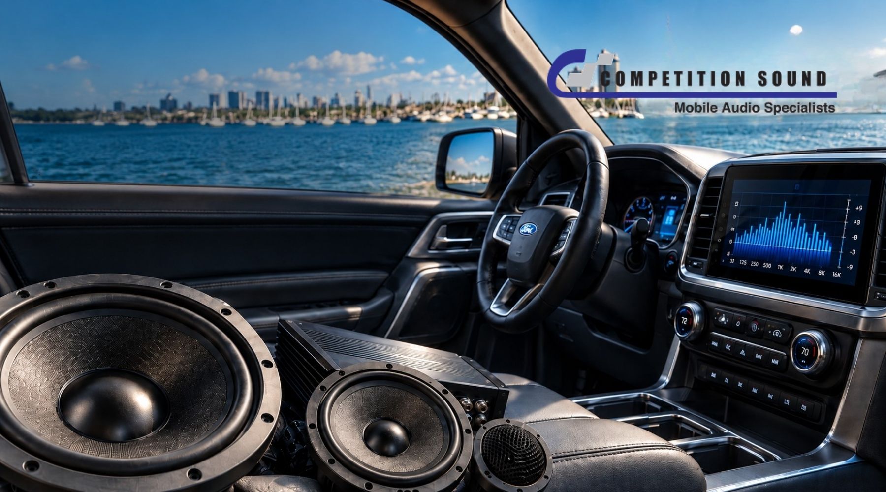 Car interior with upgraded speakers, amplifier, touchscreen audio display, and Competition Sound branding in Corpus Christi, TX.