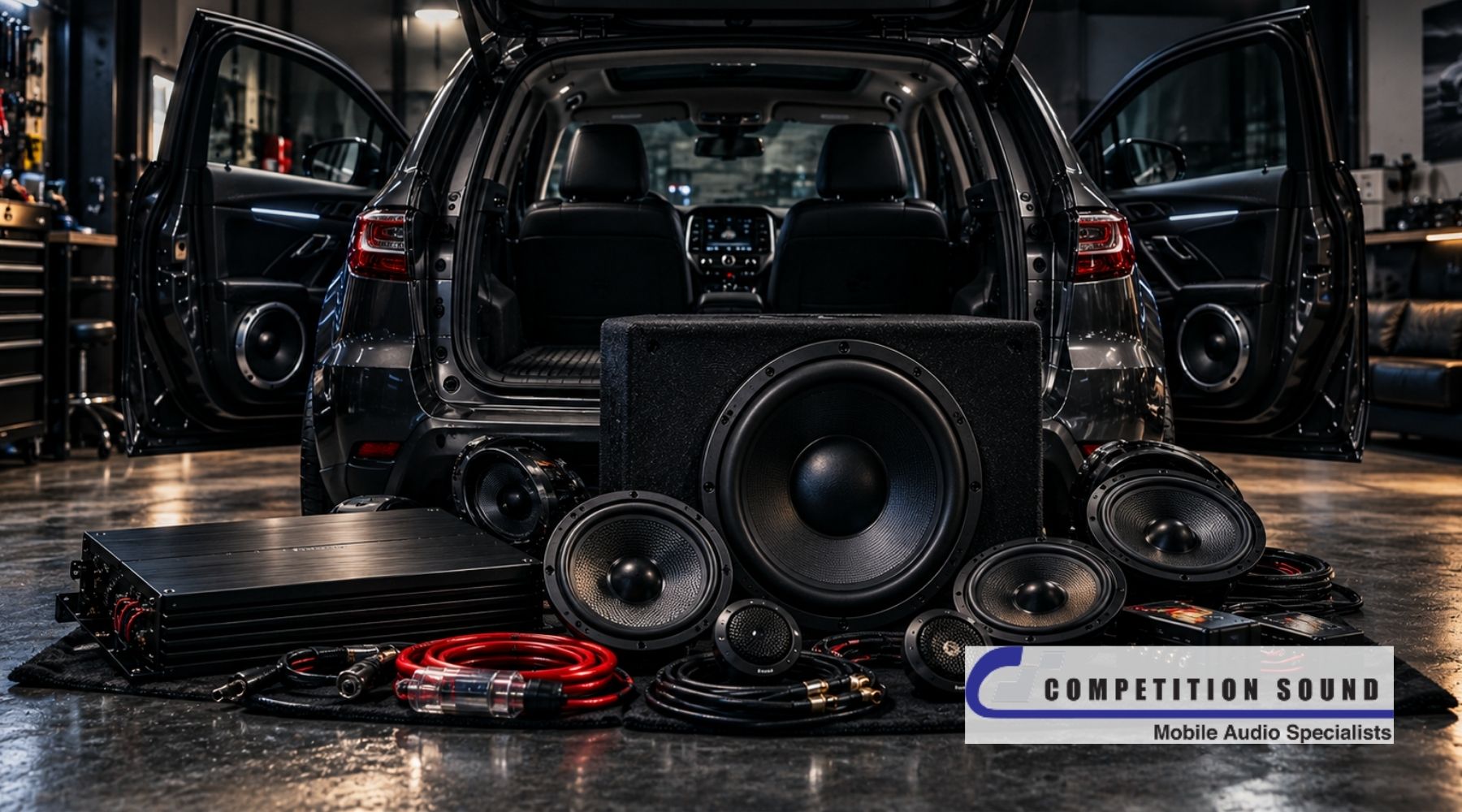 Car audio upgrades in Corpus Christi, TX, featuring aftermarket speakers, a subwoofer, an amplifier, and audio wiring displayed beside an SUV.